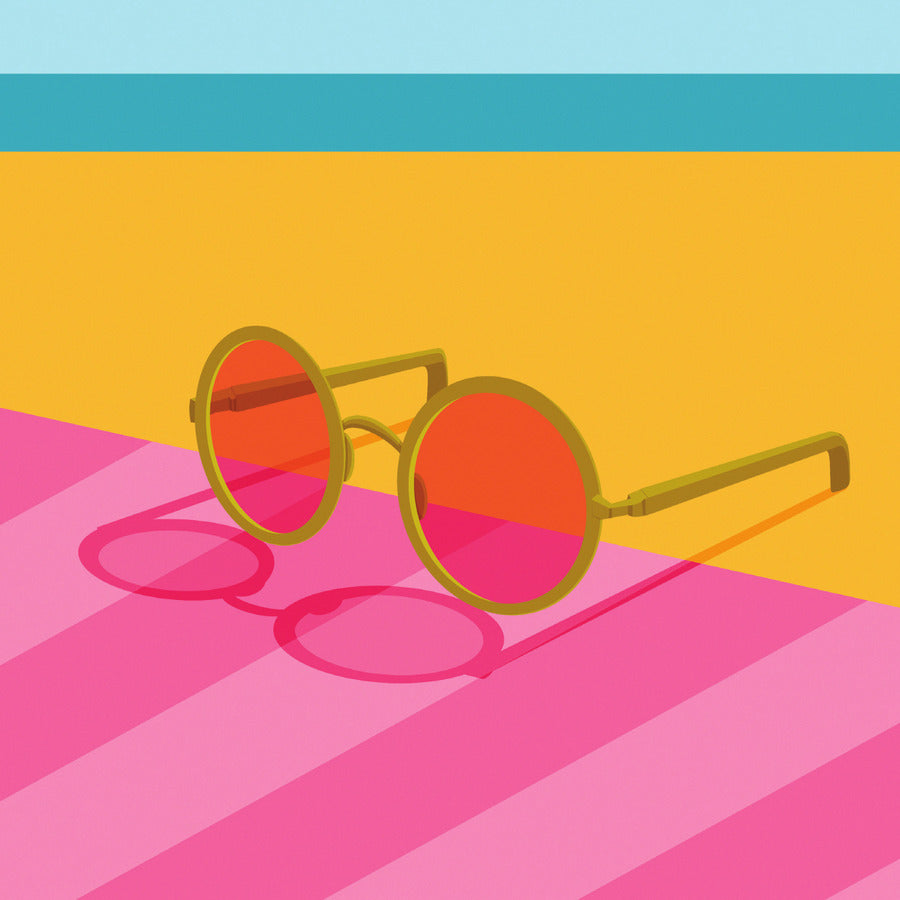 Round sunglasses casting shadows across a vivid pink, orange, and blue background